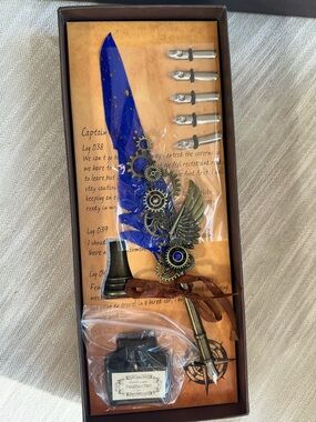 Blue Feather Steampunk Calligraphy Dip Pen Set